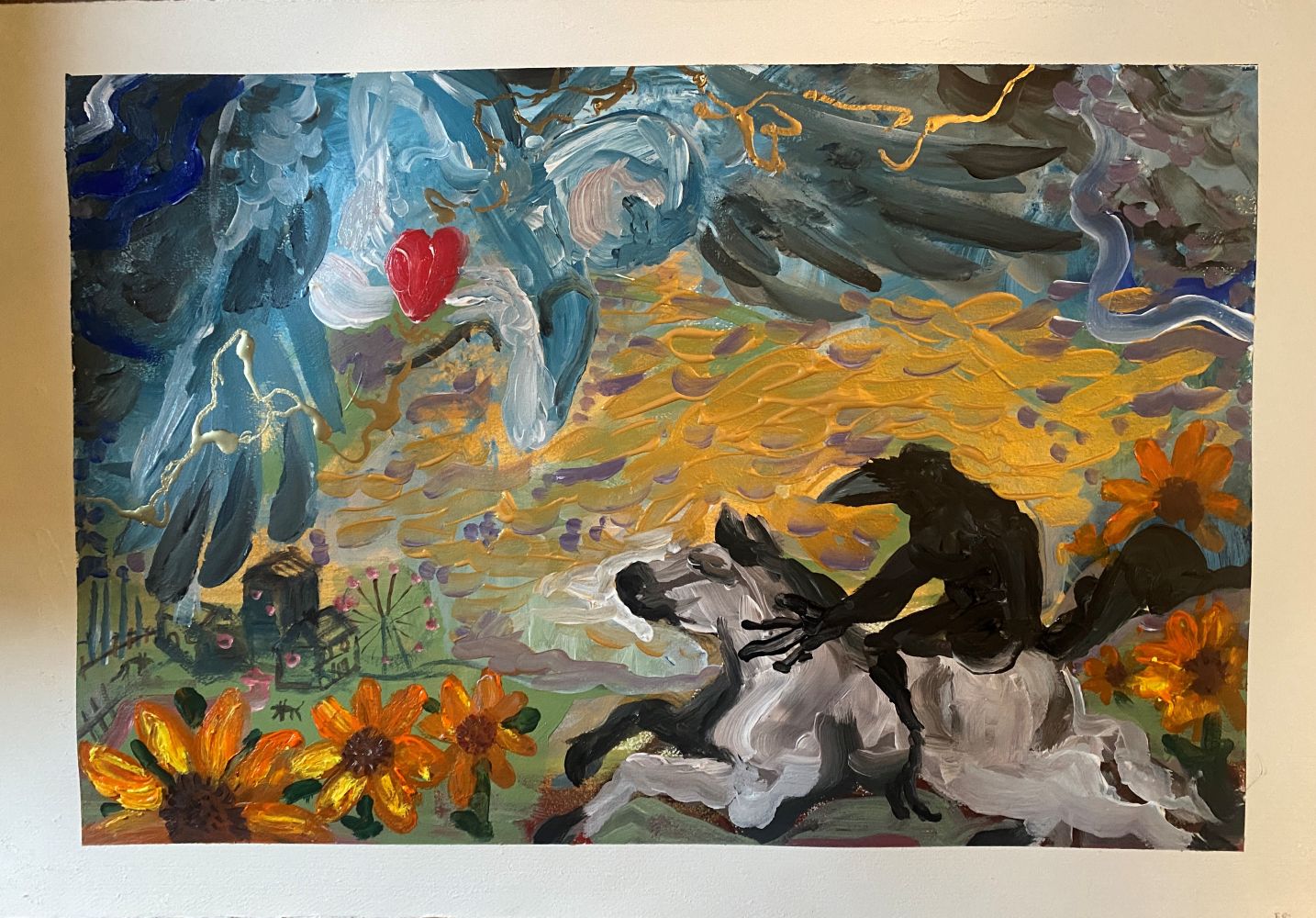 A crow riding on a horse looking up at an angel in the sky with a town in the background.